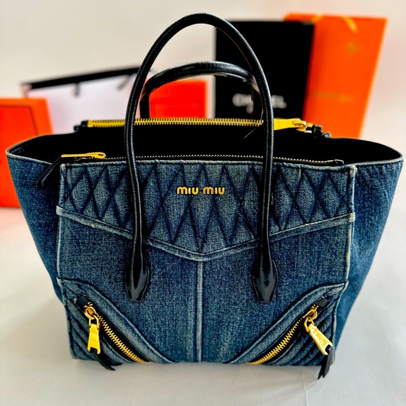 Miu Miu Handbags - AUTH Miu Miu Biker Navy Black Leather Denim Tote Bag